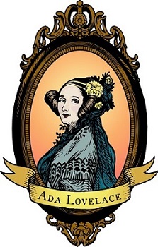 Modern brightly coloured portrait of Ada Lovelace with a banner that says her name.