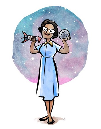 A drawing of Katherine holding a planet in one hand and a rocket in the other.